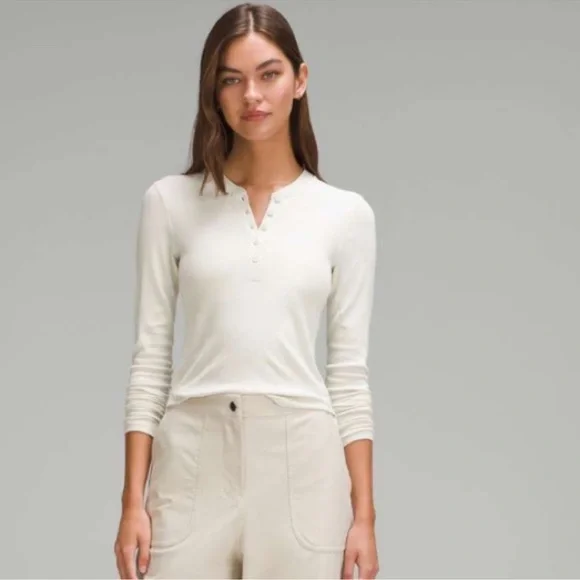 Lululemon Women's Cream Oat Long Sleeve Henley Top - Picture 2 of 5
